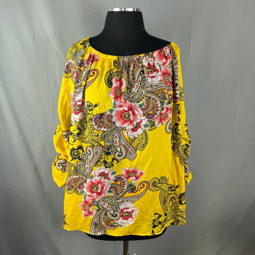 Unique Spectrum Tunic Blouse Womens 3X Multi Paisley Ruffle Sleeves Scoop Neck